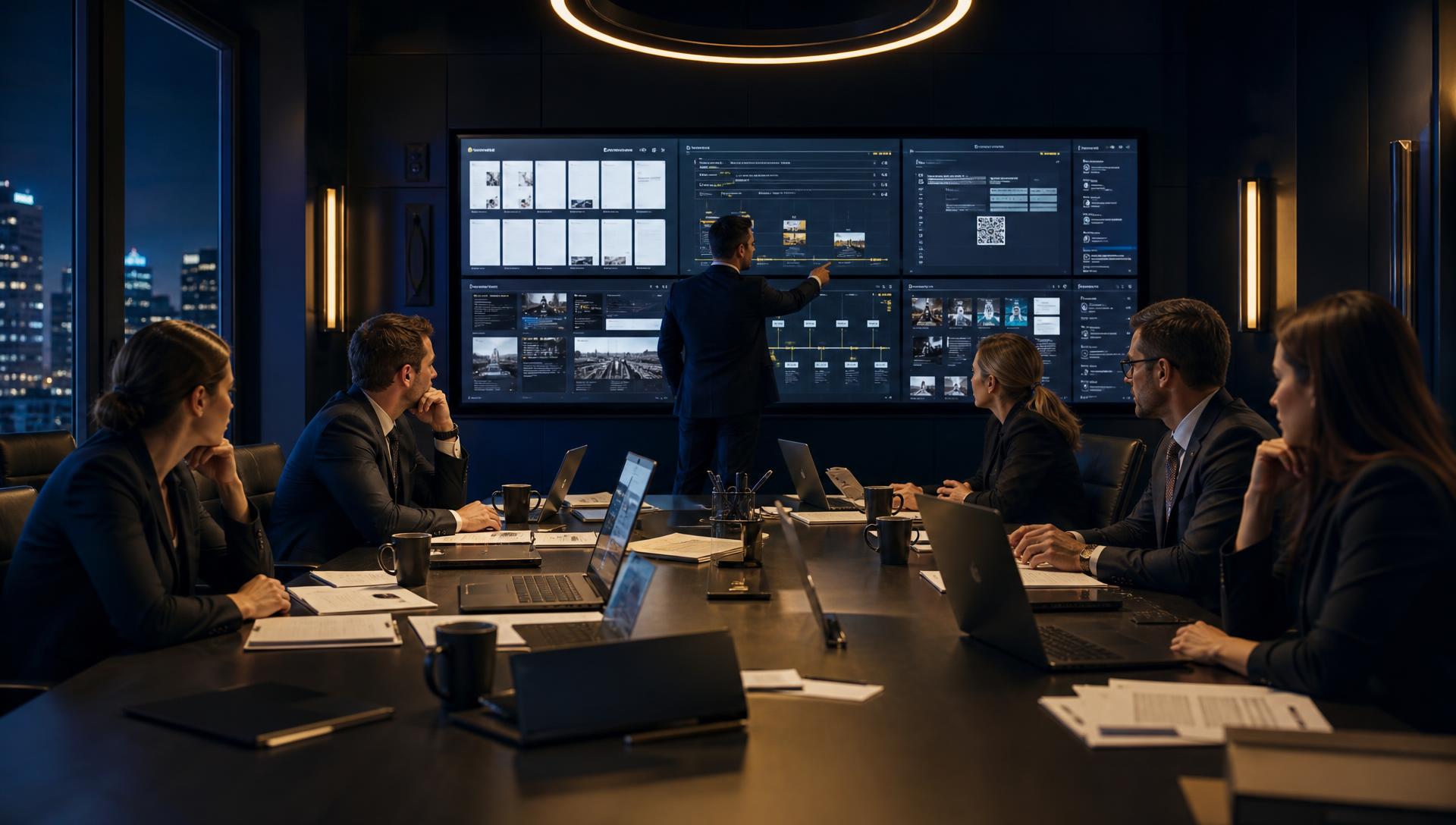 Litigation war room with legal team reviewing case evidence across multiple monitors